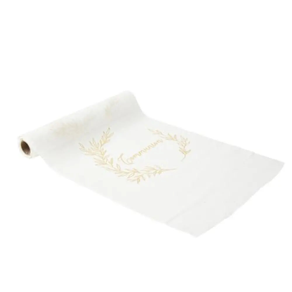 Chemin de table communion mousseline blanche lisere vegetal or - 28 cm x 5 m