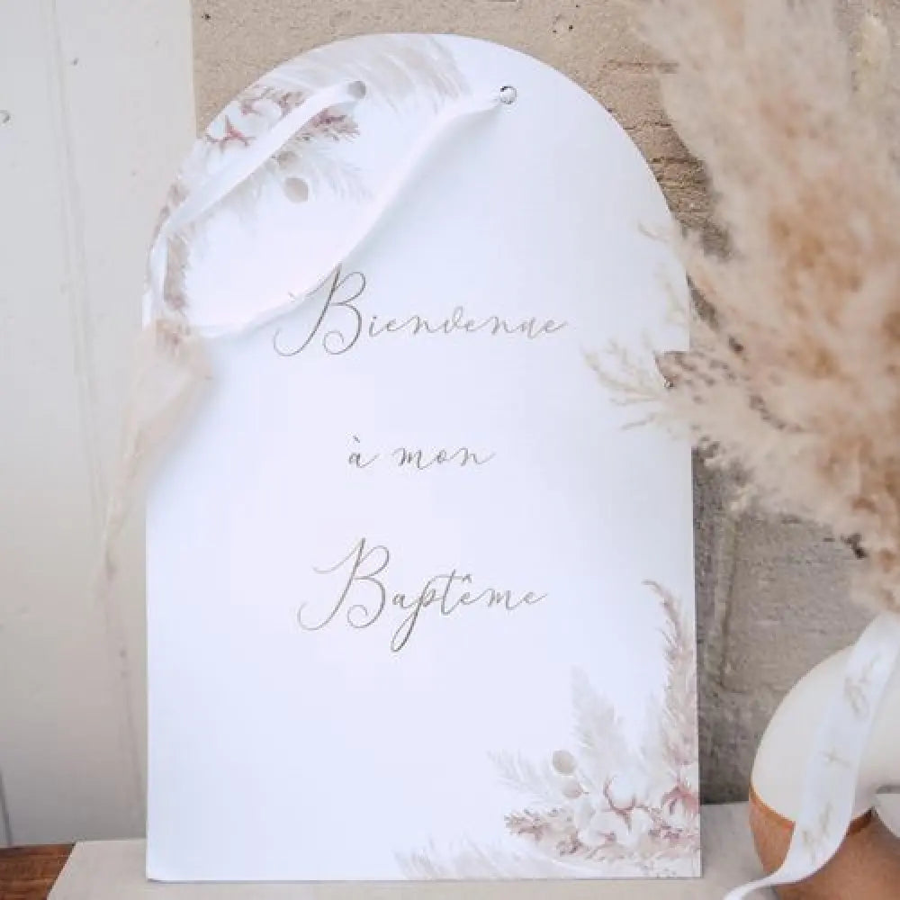 Pancarte "Bienvenue à mon Baptême" Pampas Papier Fleurs de Coton et Or - 25x38cm