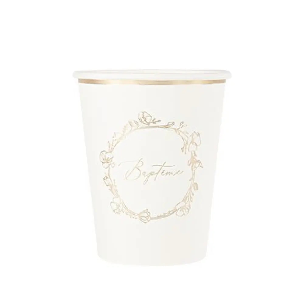 8 Gobelets en Carton - Baptême Crème et Or