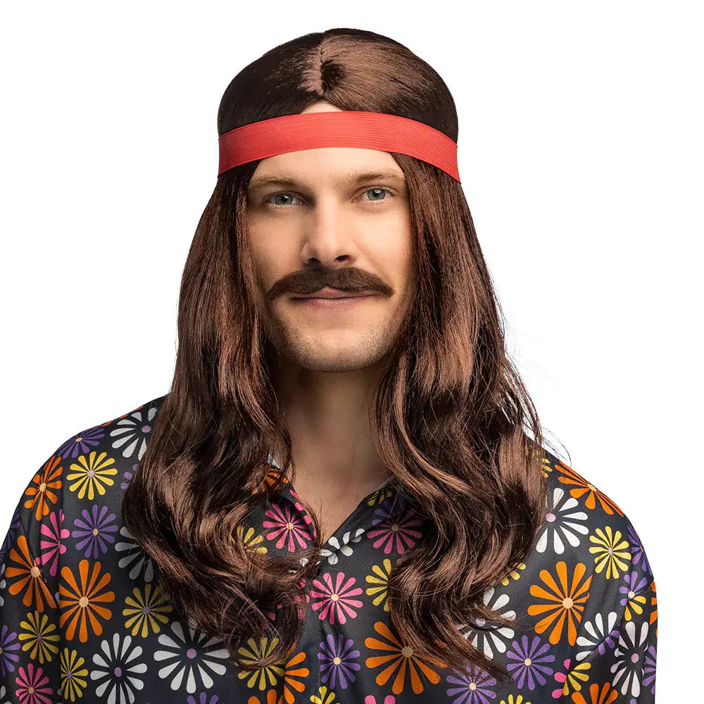 Perruque Woodstock avec bandeau et moustache