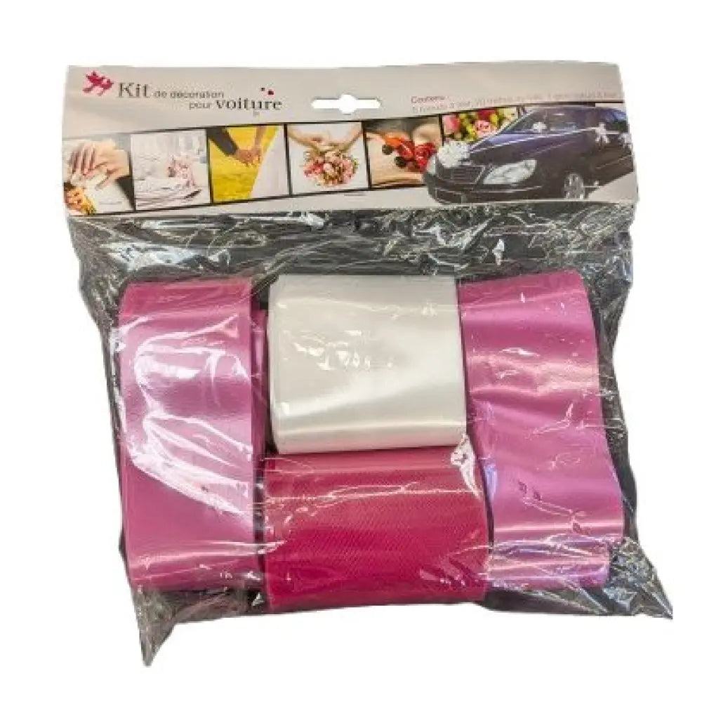 Kit Déco Voiture - Fuchsia - 6 Nœuds à Tirer, 20m de Tulle et 1 Gros Nœud à Tirer