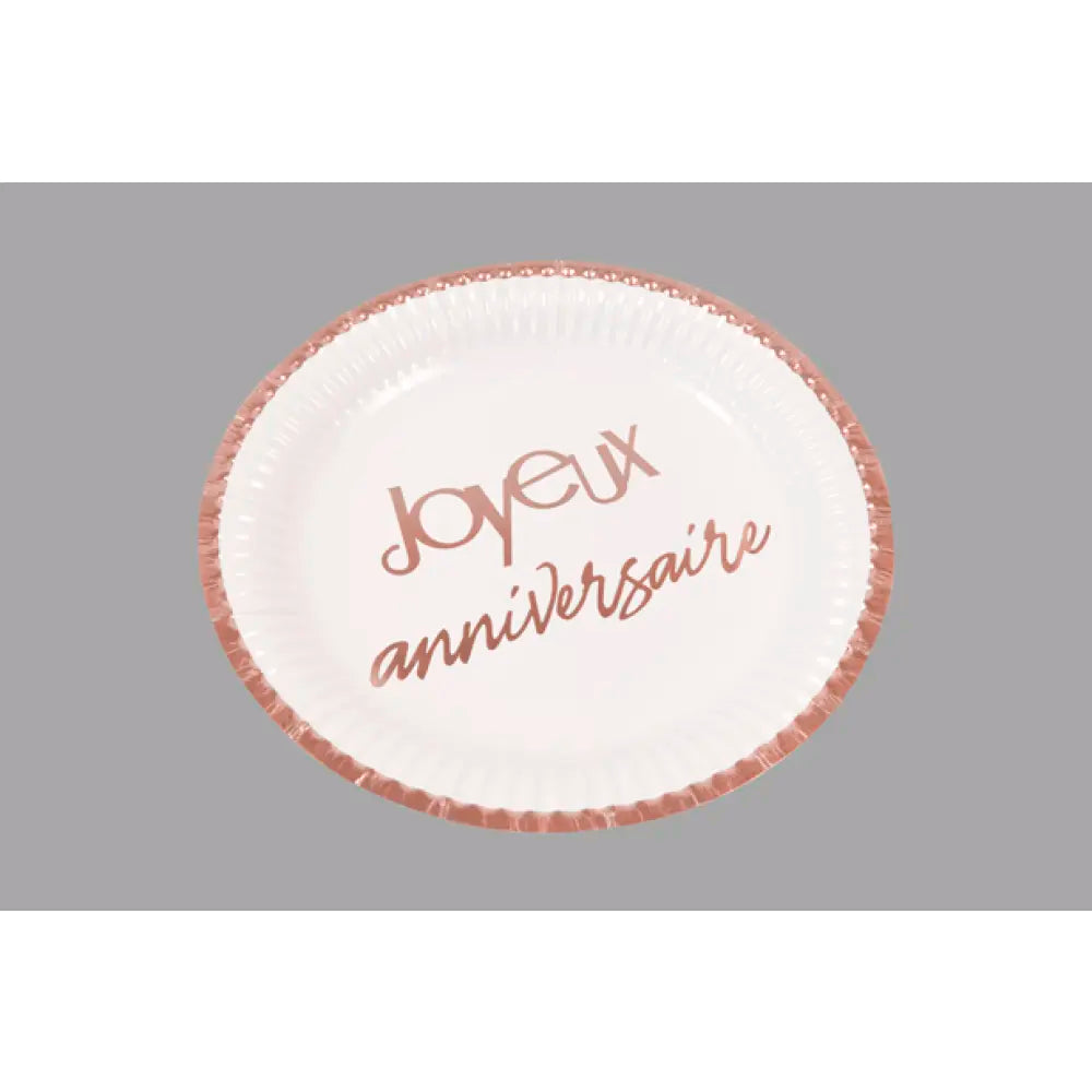 6 Assiettes en Cartons D18cm - Joyeux Anniversaire Rose Gold