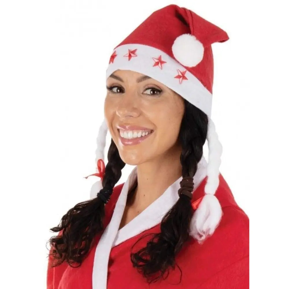 Bonnet de Mère Noël lumineux avec nattes - étoiles rouges