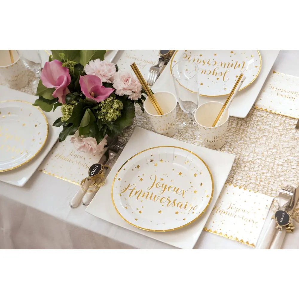 10 Assiettes en Carton D22.5cm - Joyeux Anniversaire Blanc