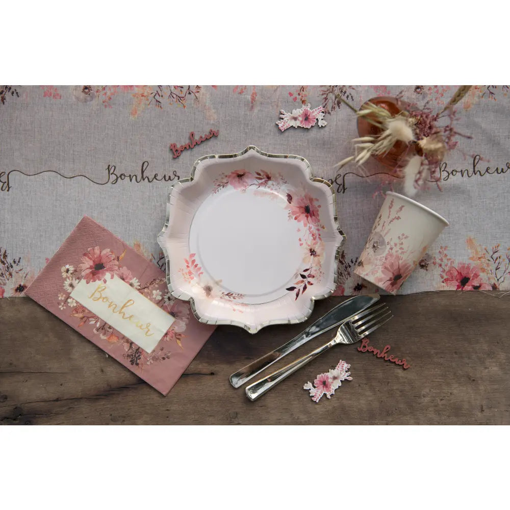 10 Assiettes en Carton - 21 x 21 cm - Amour floral Ivoire