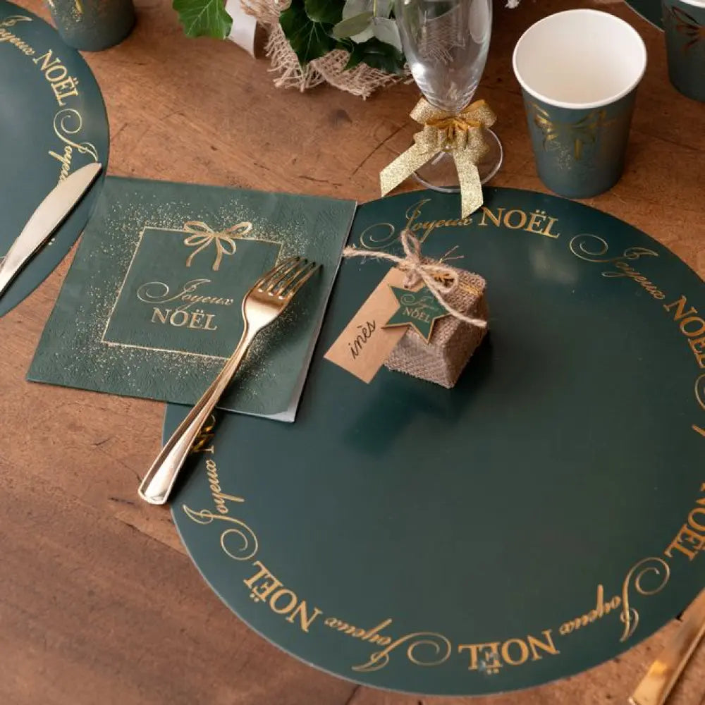 6 Sets de Table "Ornement Etincelant" Vert Sapin - Ø 34cm