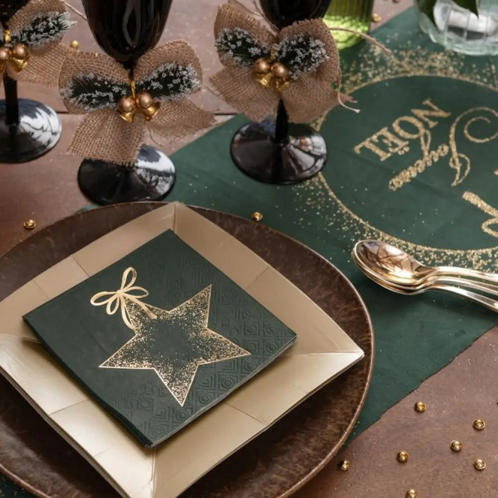 20 Petites Serviettes en Papier "Ornement Etincelant" Vert Sapin - 25x25cm