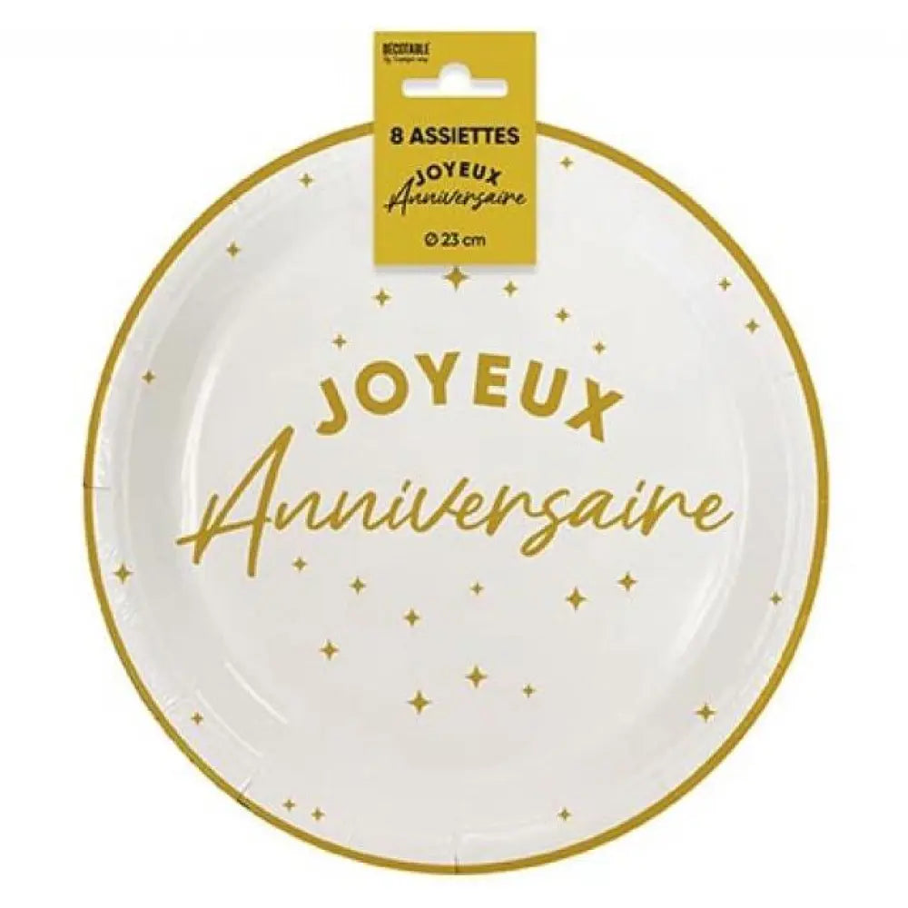 8 Assiettes en Carton "Anniversaire Doré" - 23 cm