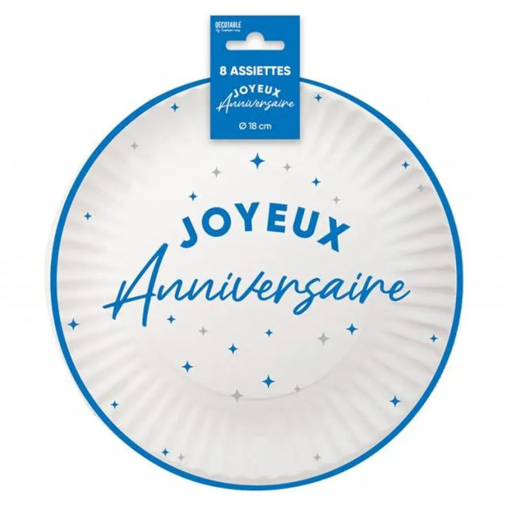 8 Assiettes en Carton "Anniversaire Bleu" - 18 cm