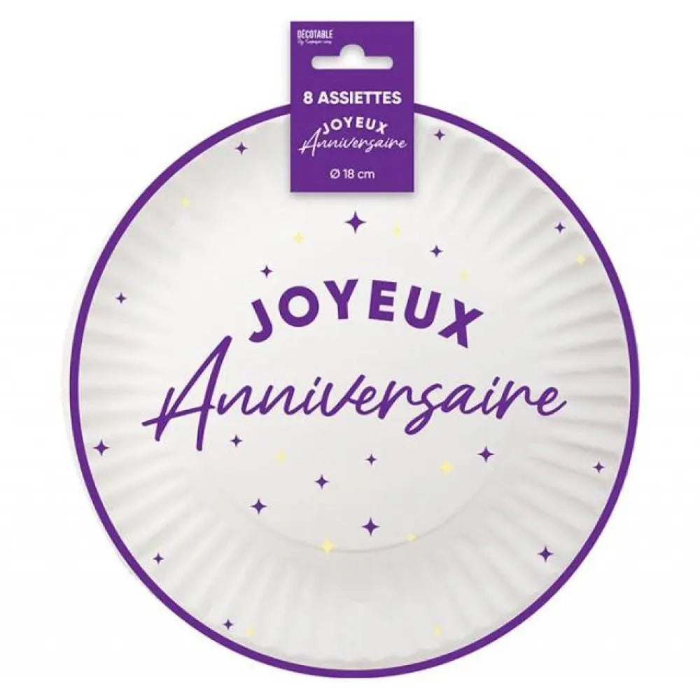 8 Assiettes en Carton "Anniversaire Violet" - 18 cm