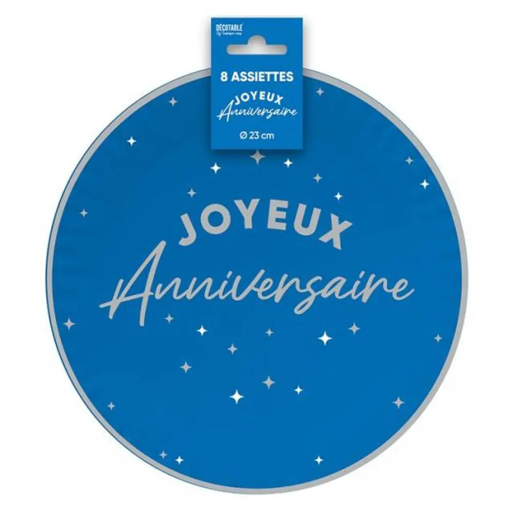 8 Assiettes en Carton "Anniversaire Bleu" - 23 cm