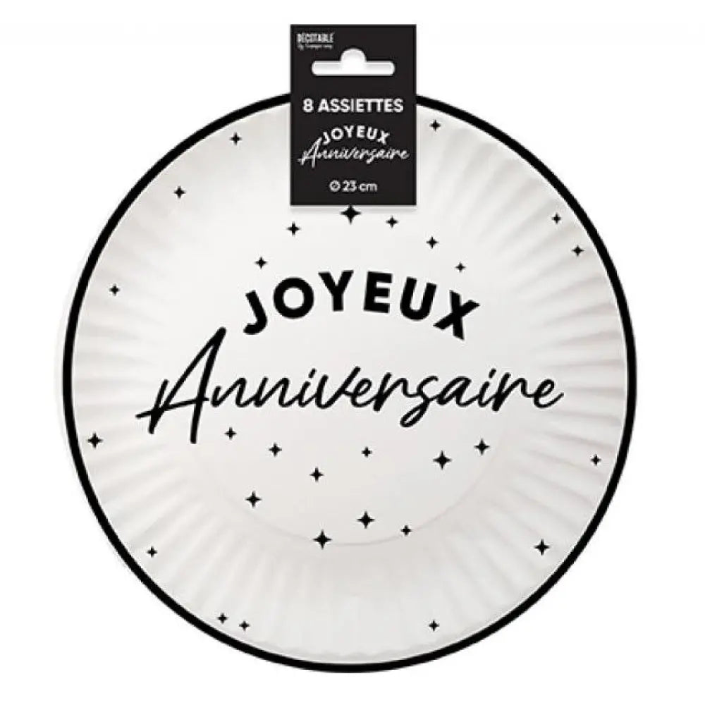 8 Assiettes en Carton "Anniversaire Noir/Blanc" - 23 cm