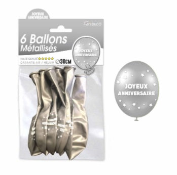 Sachet de 6 ballons métallisés joyeux anniversaire Argent
