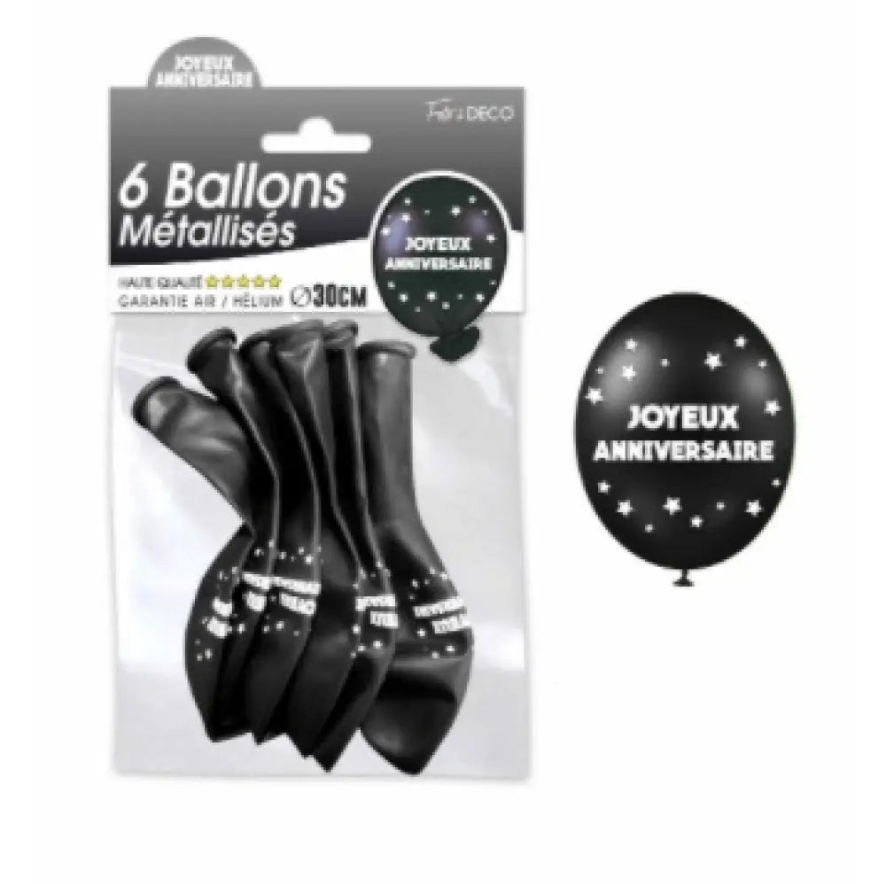 6 Ballons Métal ''Joyeux anniversaire'' - Noir