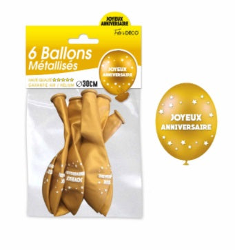 Sachet de 6 ballons métallisés joyeux anniversaire Or