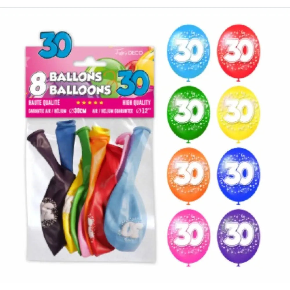 Sachet de 8 ballons latex chiffre 30