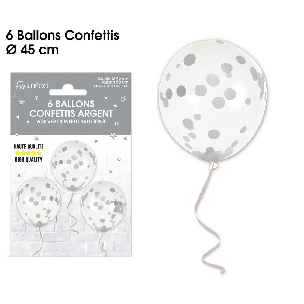 6 Ballons Confettis 45cm - Argent