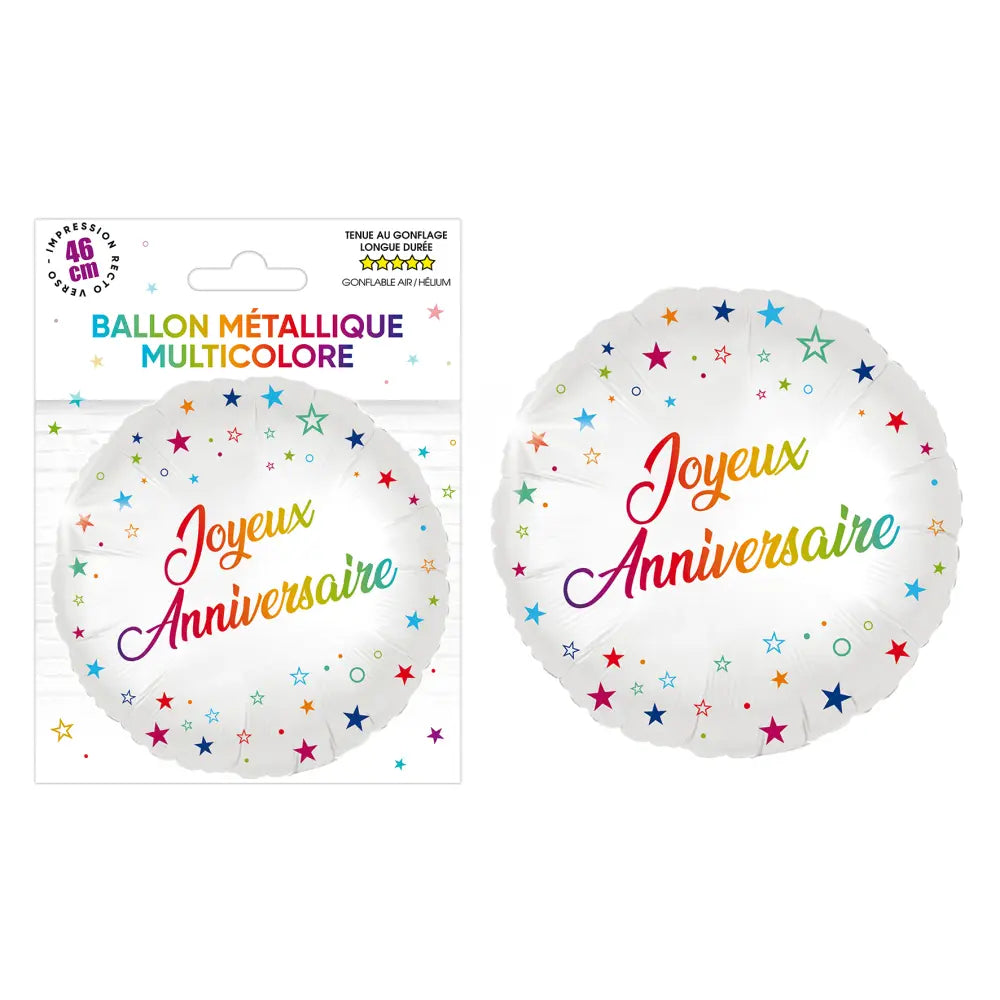 Ballon métallique rond Joyeux Anniversaire MULTICOLORE