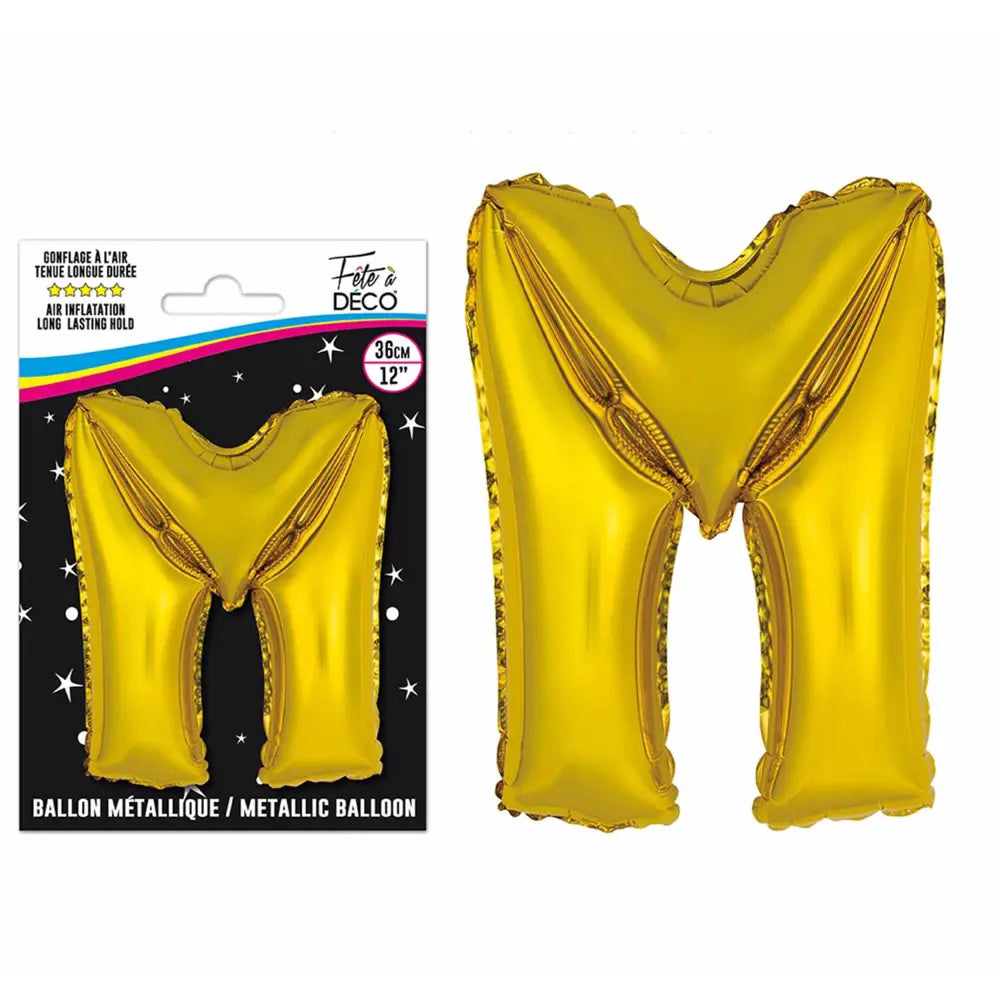 Ballons métalliques OR lettre - Toutes les lettres, le # et le & : M<br/>