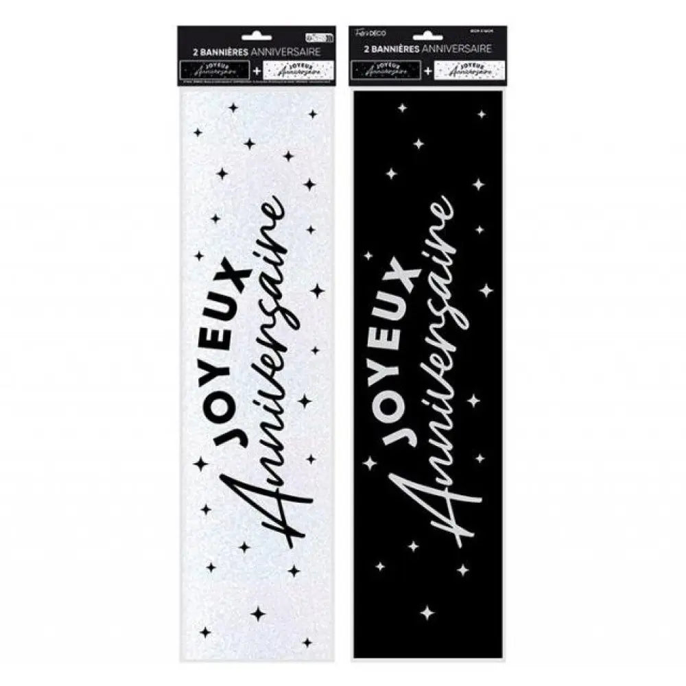 2 Bannières ''Joyeux Anniversaire'' Métallique - Noir/Blanc