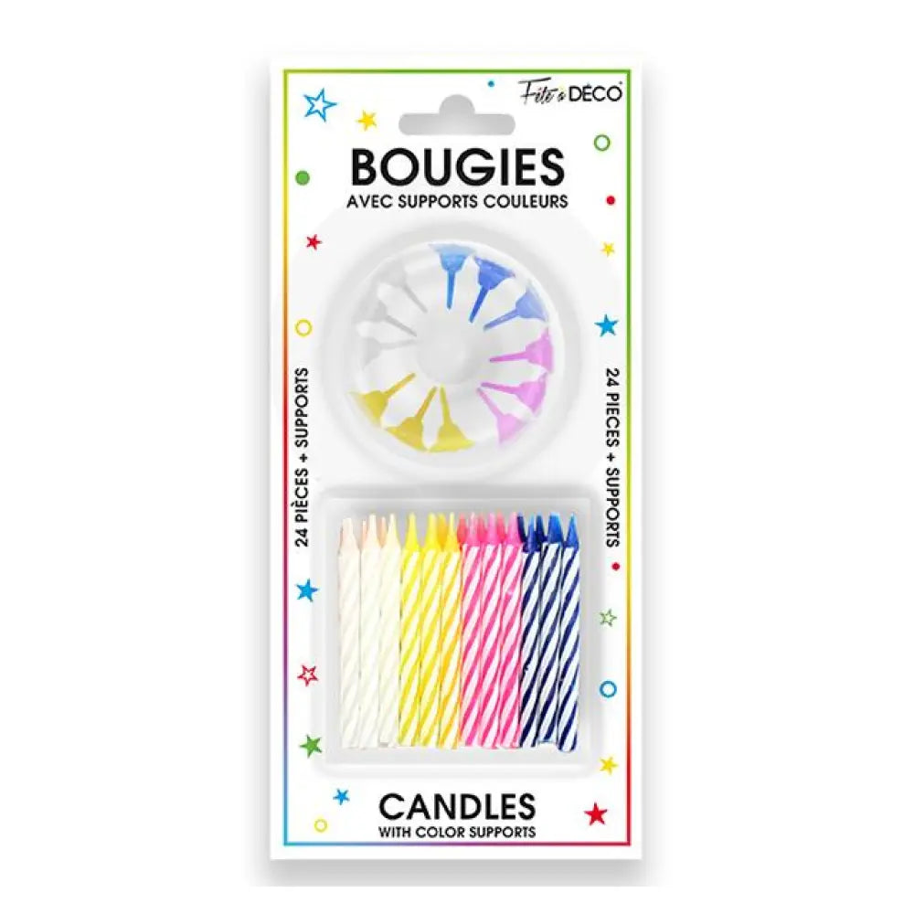 24 Bougies Pailletées avec supports - Multicolores