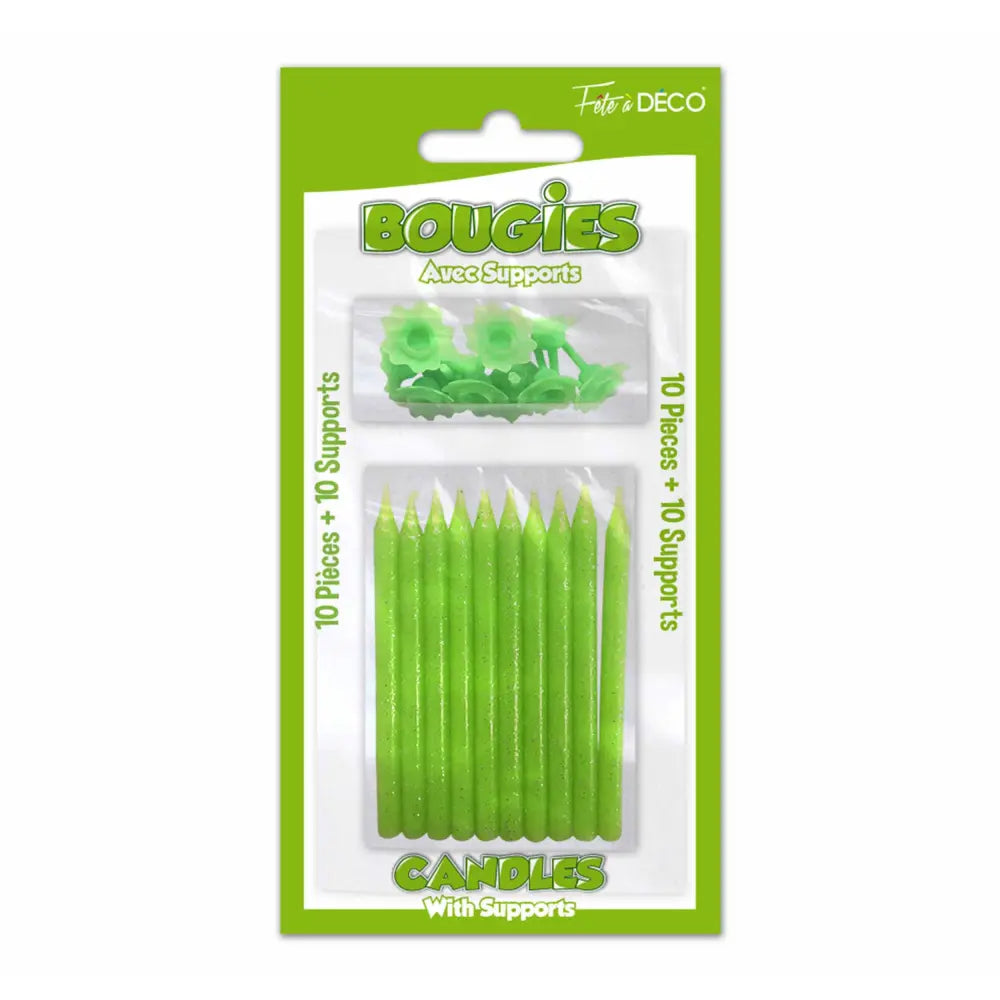 10 Bougies Pailletées avec supports - Vert