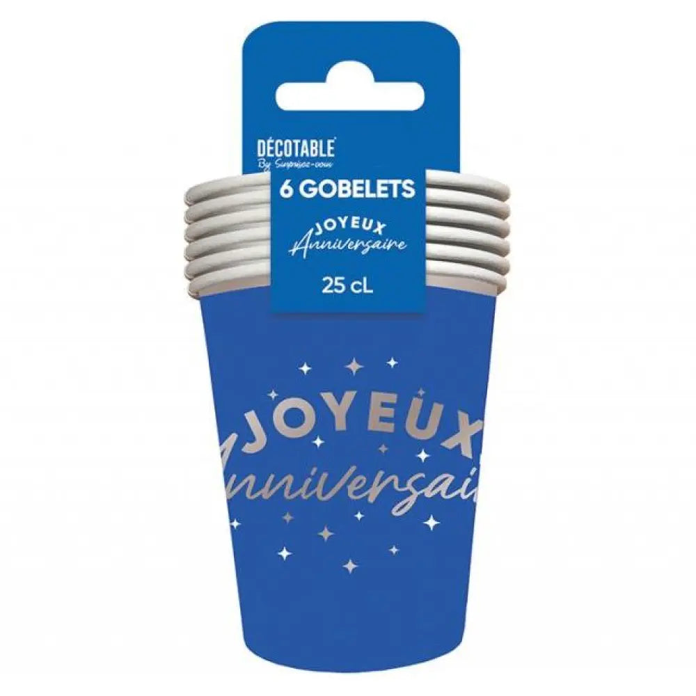6 Gobelets en Carton 25cl "Joyeux Anniversaire" - Bleu