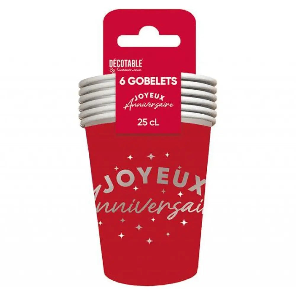 6 Gobelets en Carton 25cl "Joyeux Anniversaire" - Rouge
