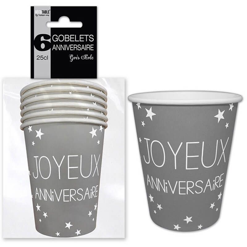 Lot de 6 Gobelets Joyeux Anniversaire Argent
