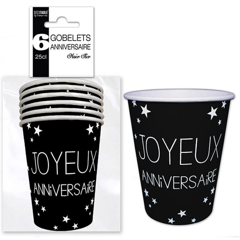 Lot de 6 Gobelets Joyeux Anniversaire Noir