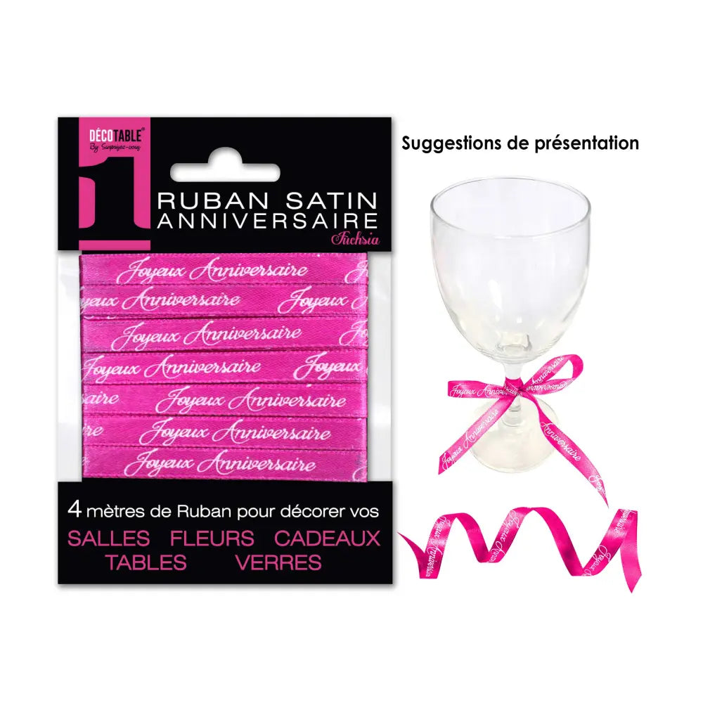 Ruban Satin ''Joyeux Anniversaire'' 4m - Fuchsia