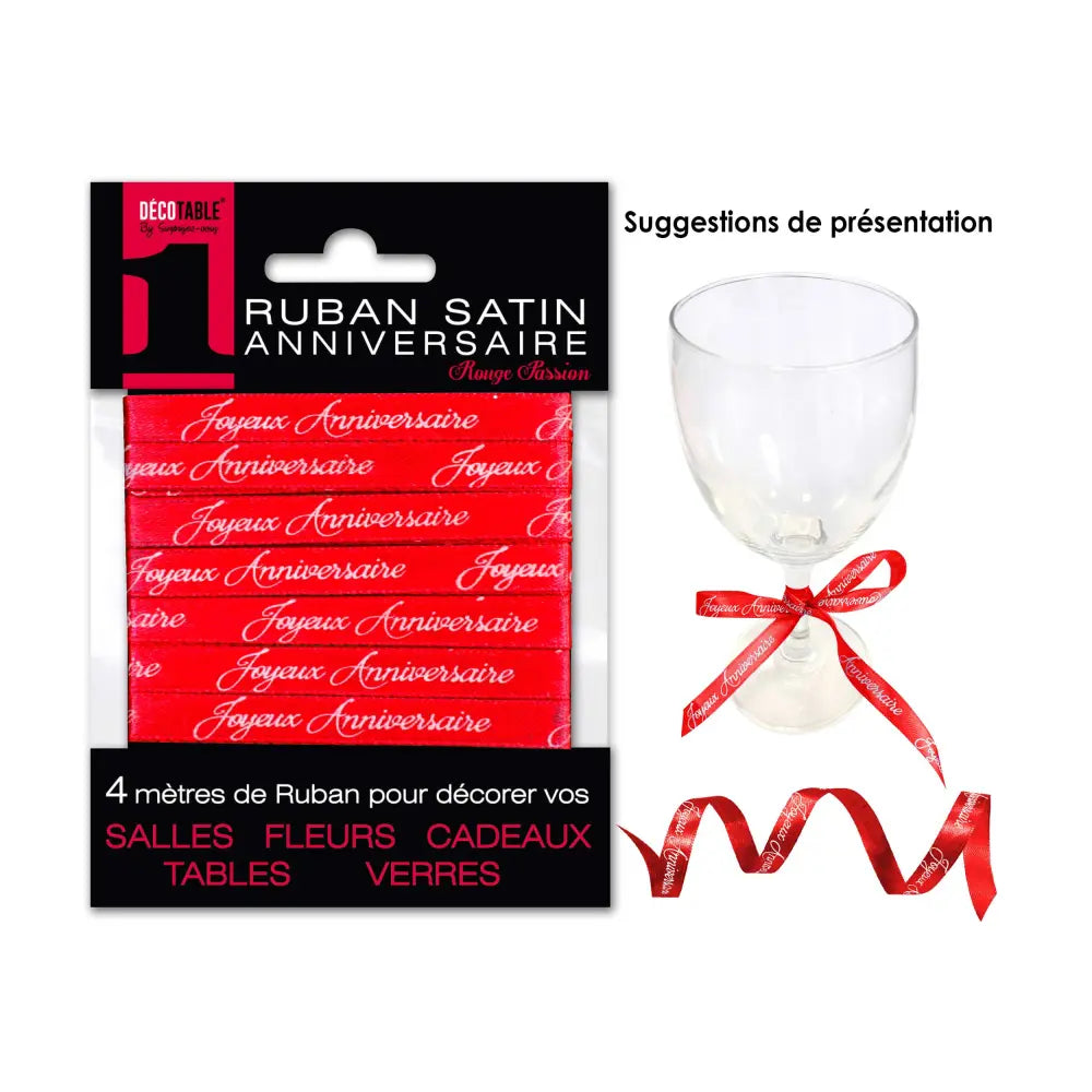 Ruban Satin ''Joyeux Anniversaire'' 4m - Rouge