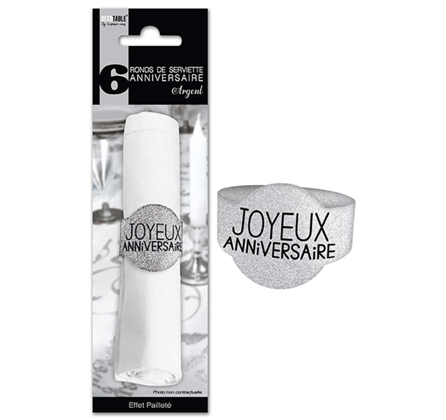 6 Ronds de serviette paillettes Joyeux Anniversaire