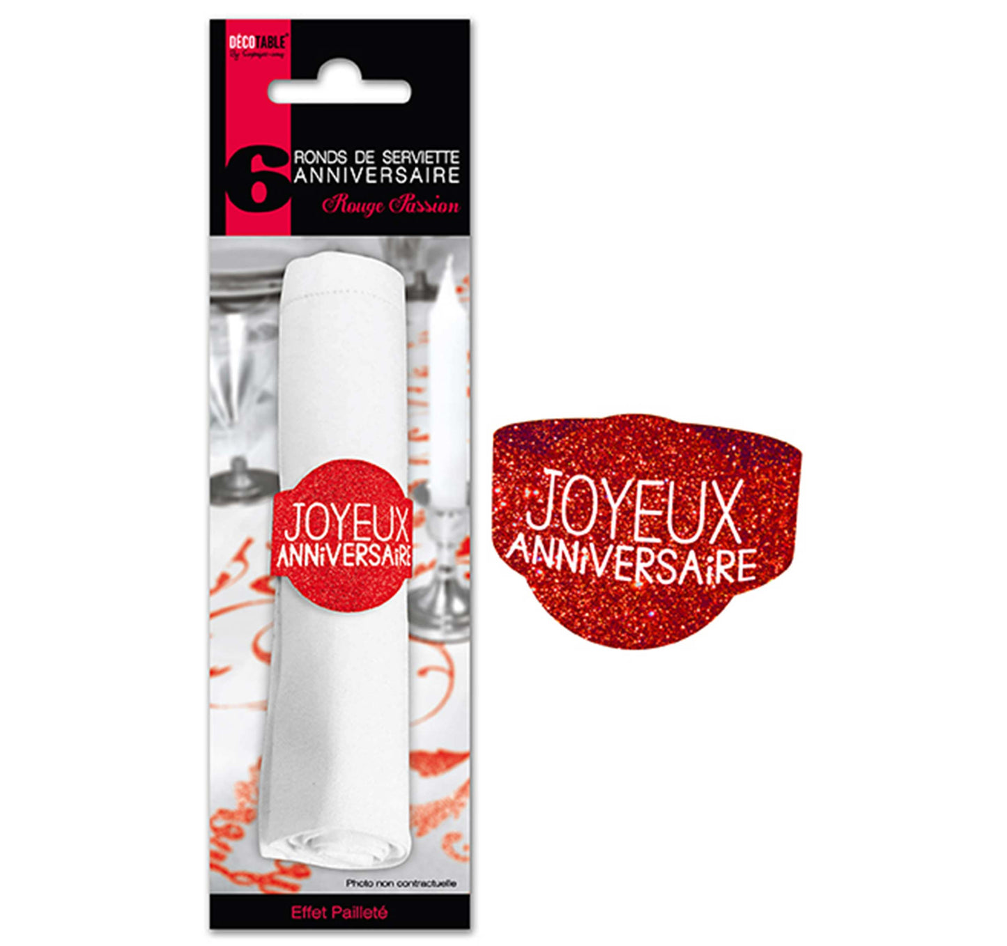 6 Ronds de serviette paillettes Joyeux Anniversaire