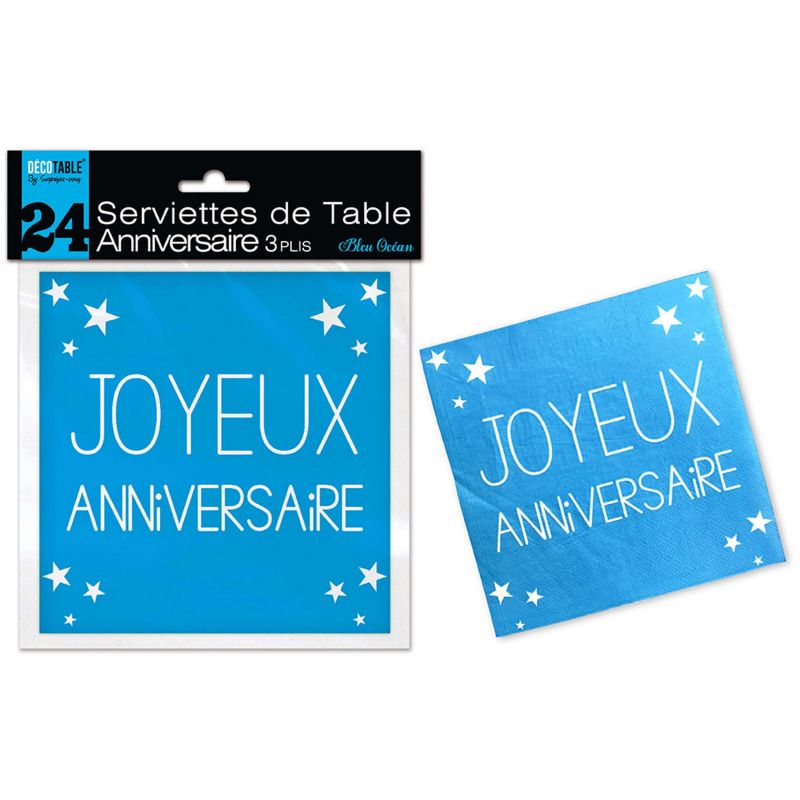 Lot de 24 Serviettes Joyeux Anniversaire 3 Plis Bleu