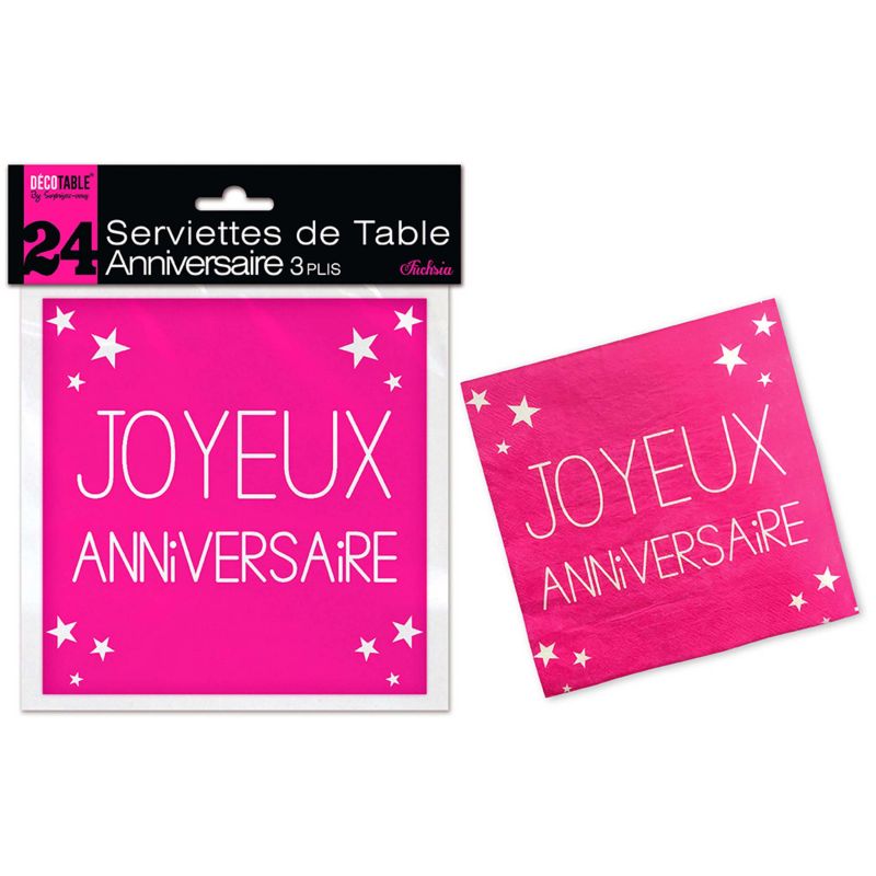 Lot de 24 Serviettes Joyeux Anniversaire 3 Plis Fuchsia