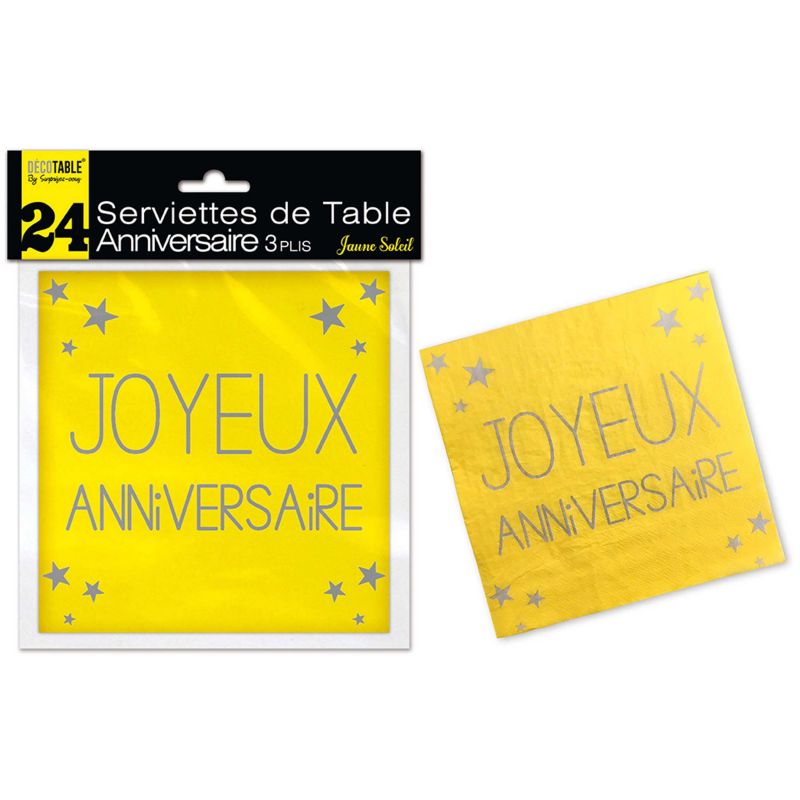 Lot de 24 Serviettes Joyeux Anniversaire 3 Plis Jaune