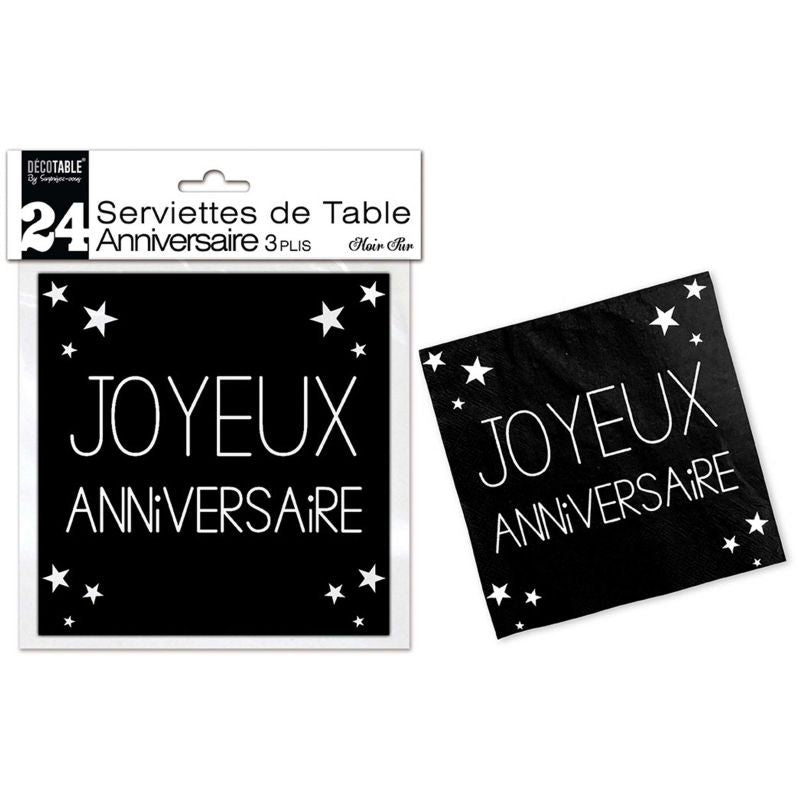 Lot de 24 Serviettes Joyeux Anniversaire 3 Plis Noir