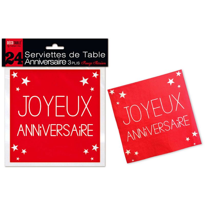 Lot de 24 Serviettes Joyeux Anniversaire 3 Plis Rouge