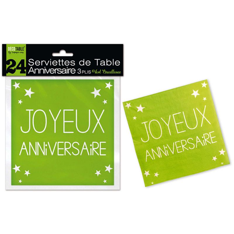 Lot de 24 Serviettes Joyeux Anniversaire 3 Plis Vert