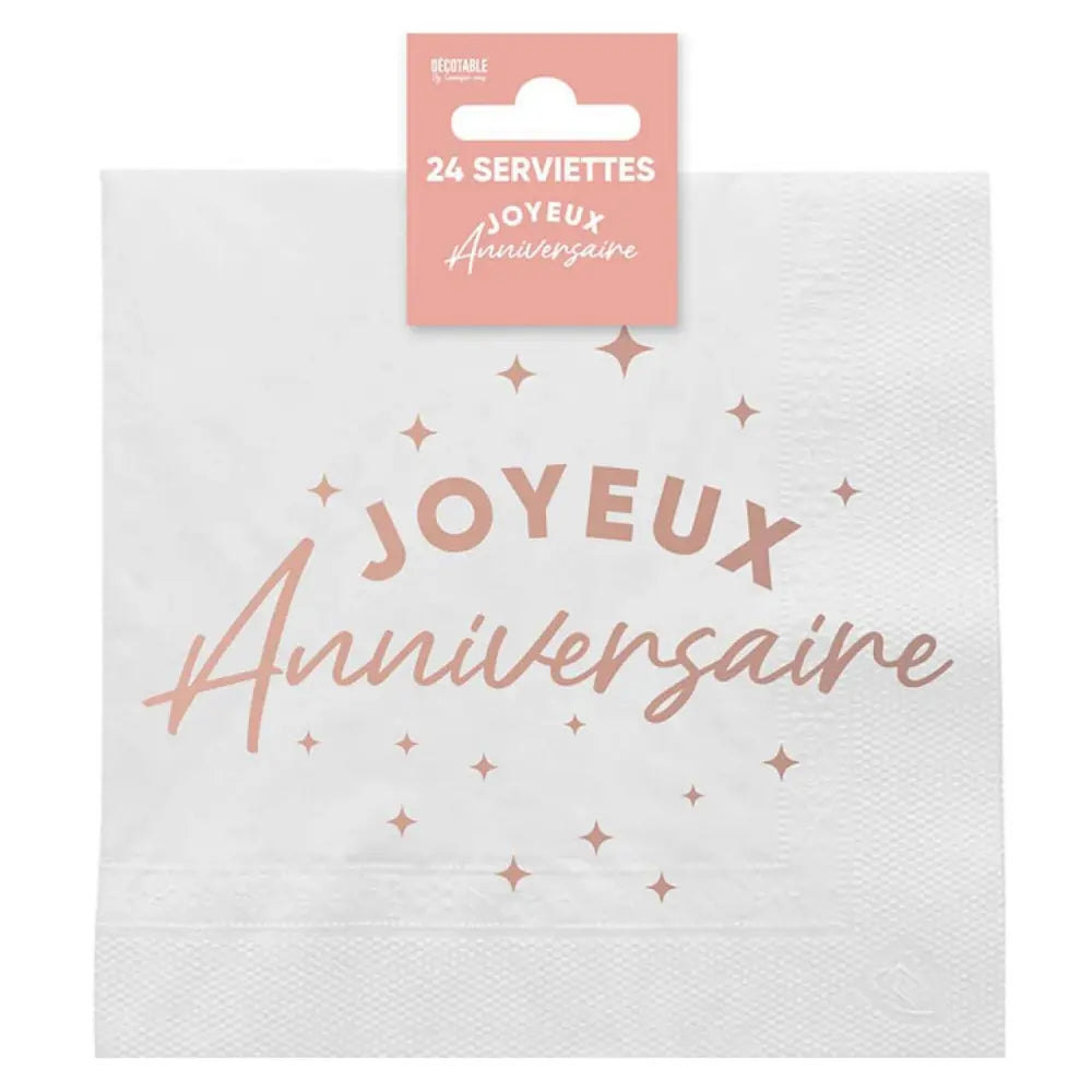 24 Serviettes en Papier 33x33cm ''Joyeux Anniversaire'' Métallisées - Rose Gold