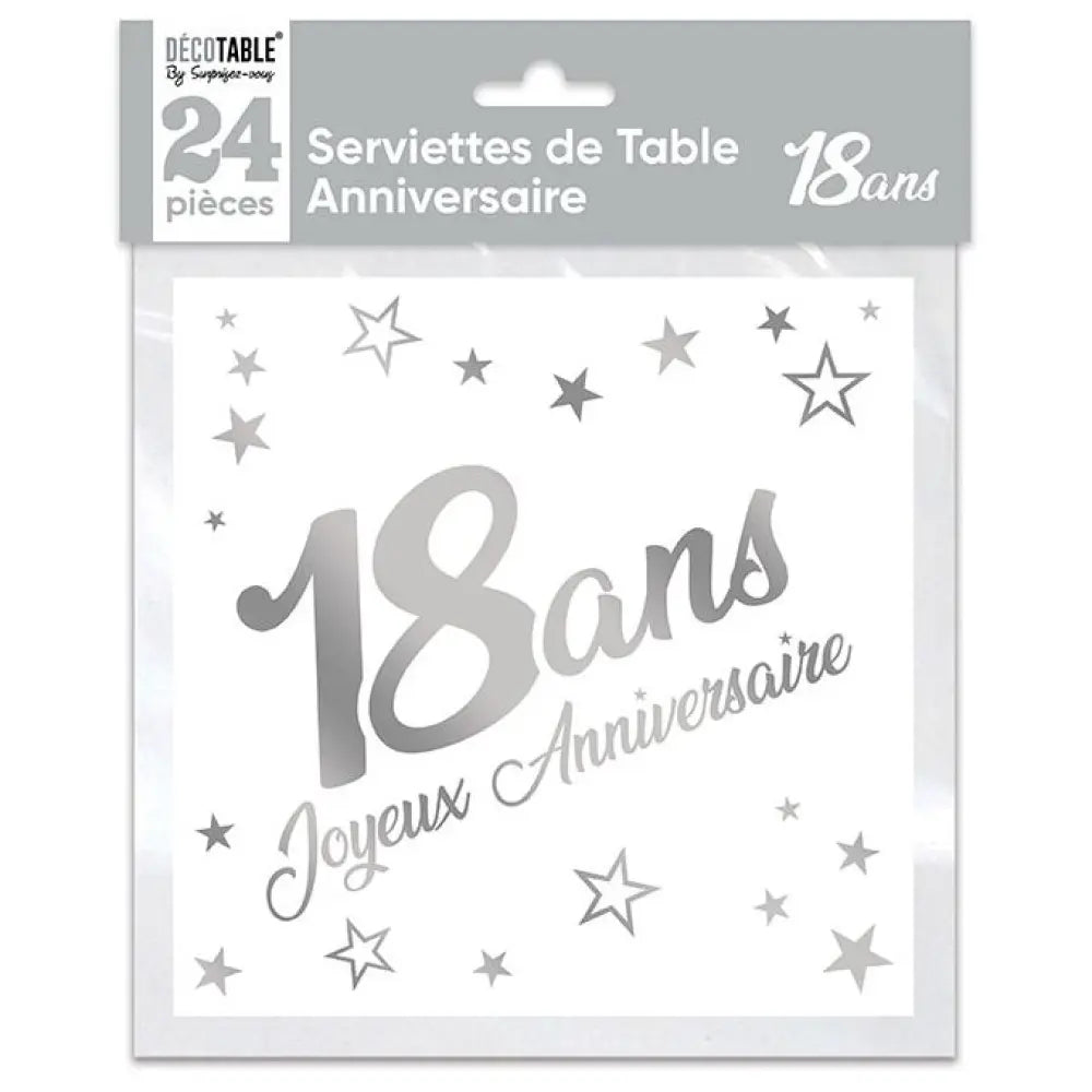 24 Serviettes en Papier 33x33cm ''18 Ans' Métallisées - Argent