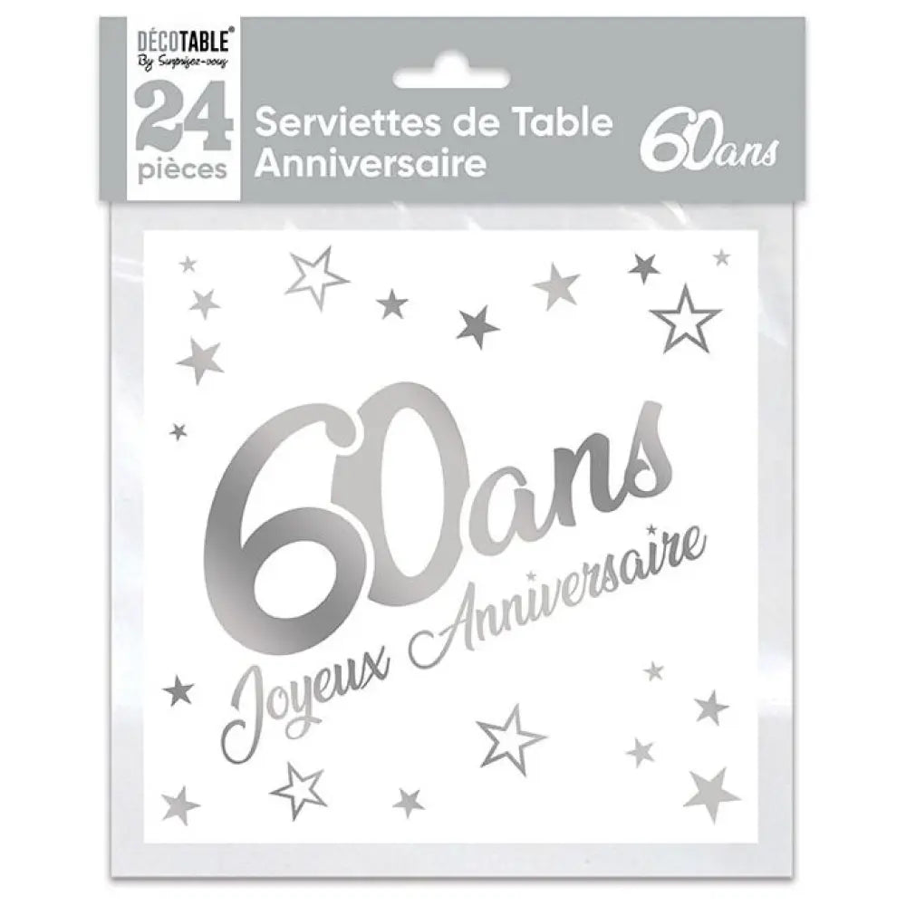 24 Serviettes en Papier 33x33cm ''60 Ans'' Métallisées - Argent