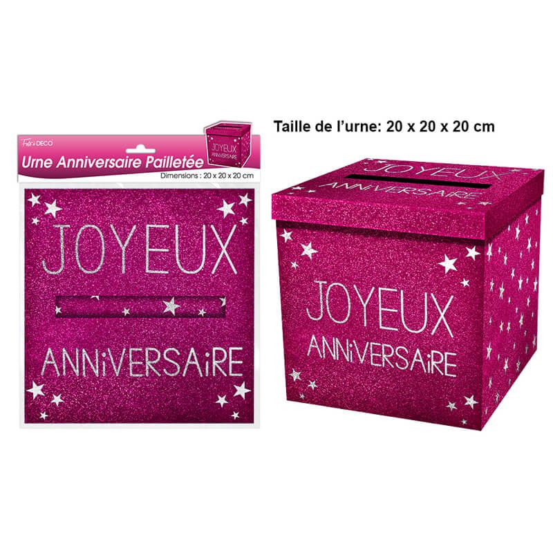 Urne joyeux anniversaire paillette Fuchsia
