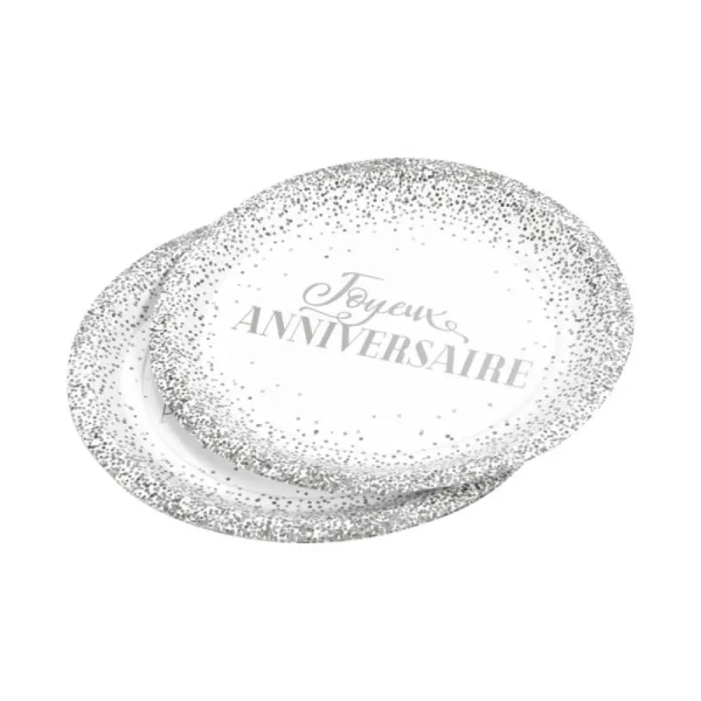 6 Assiettes en Carton D23cm - Anniversaire Argent