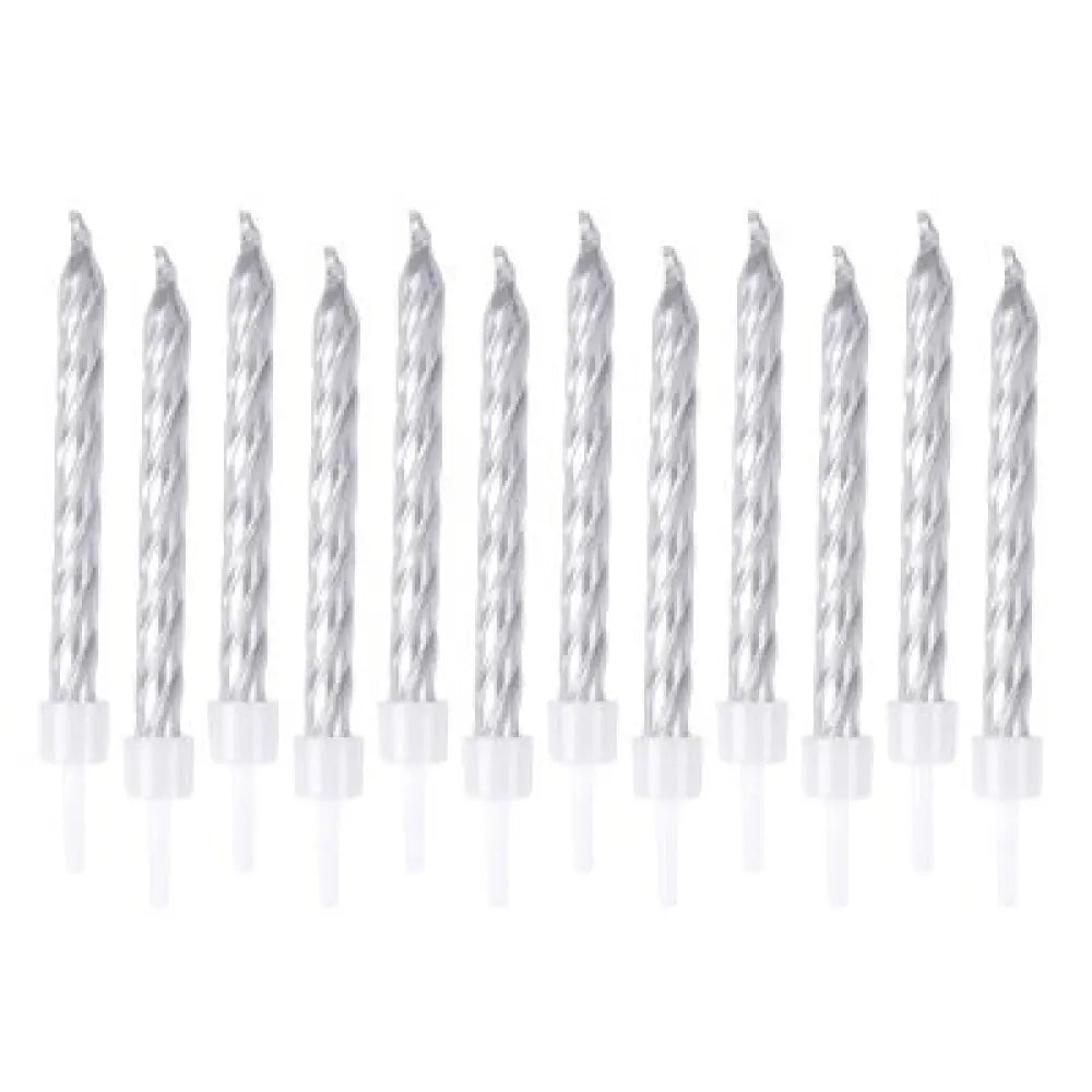12 Bougies avec supports - Argent Métallisé - H6cm