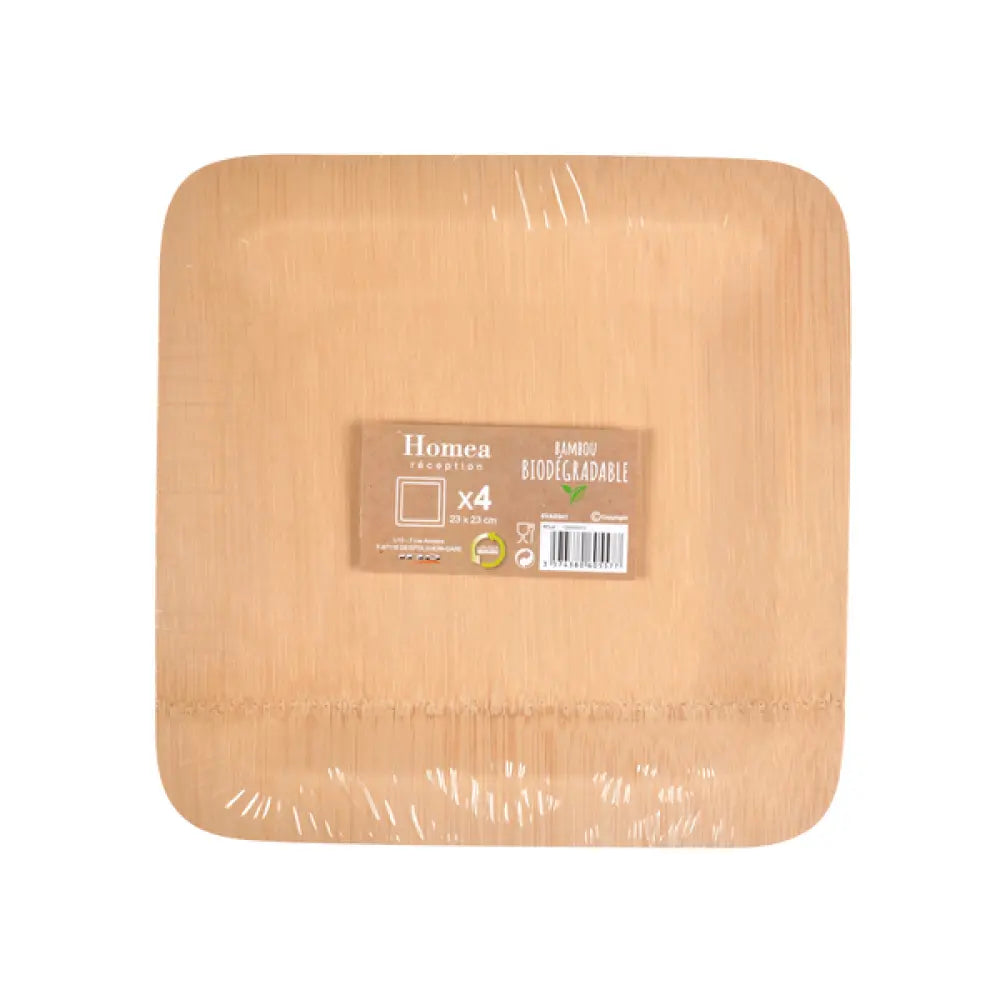 4 Assiettes Carrées en Bambou - 23cm