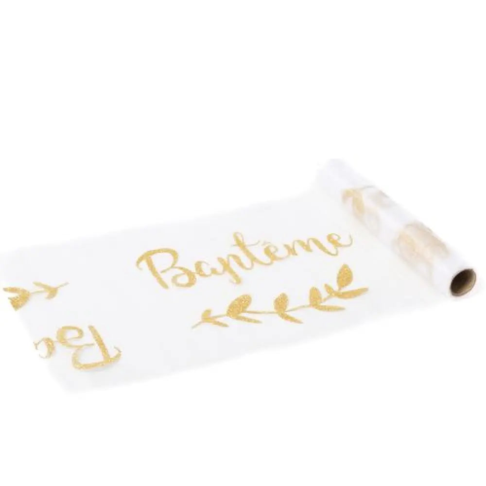 Chemin de table en satin "Baptême" impression paillettes or - 28 cm x 5 m
