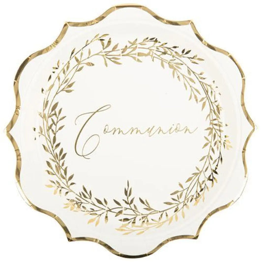 8 Assiettes en Carton D23cm - "Communion" Impression Métallisée Or