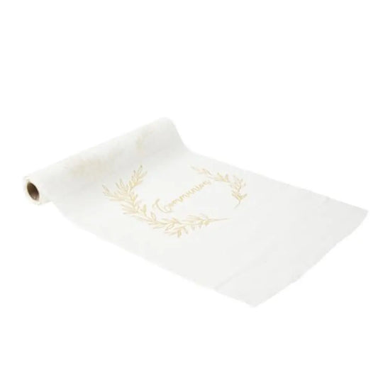 Chemin de table communion mousseline blanche lisere vegetal or - 28 cm x 5 m
